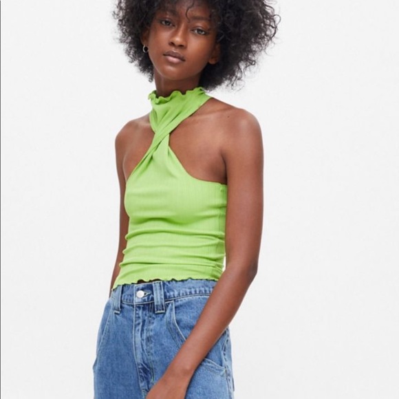 NWT UO Twisted Neck Ruffle Halter Top in Lime Green - Picture 2 of 5
